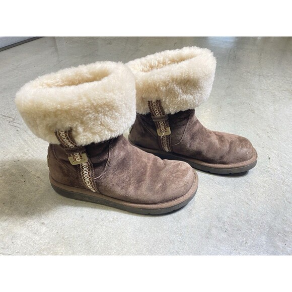 UGG Boho Tan Suede Leather Shearling Lined Ankle Boots Women’s 8 - Picture 2 of 7